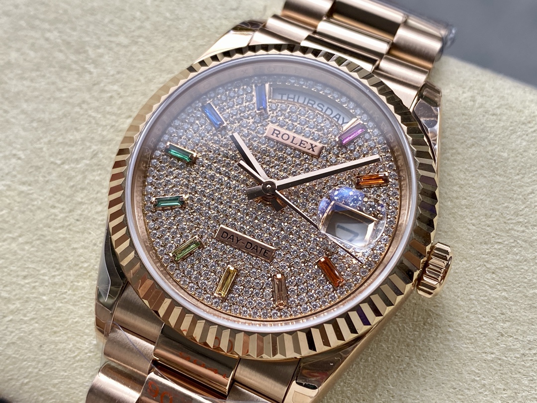 Rolex Day Date 36 Diamond Paved Dial Fluted Bezel 18K Everose gold 128235 0039 President Watch