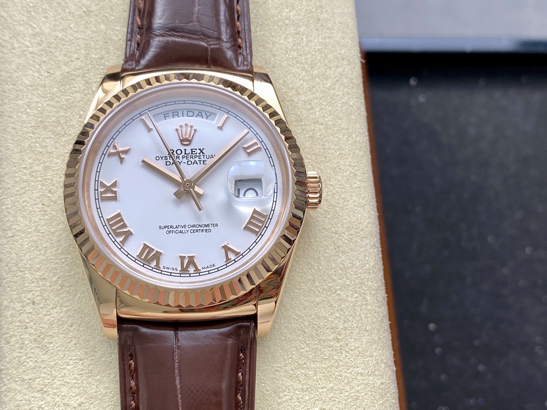 Rolex Day Date 36 White Dial 118135 0064 Brown Leather Watch