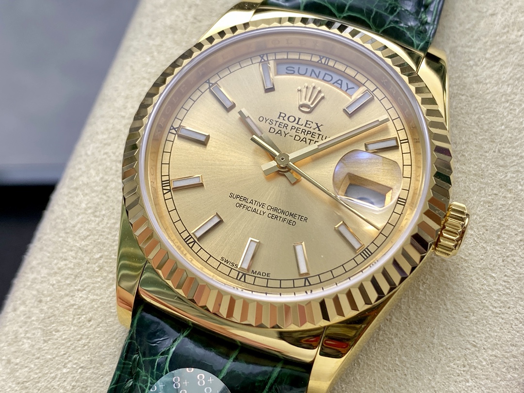 Rolex Day Date 36 Yellow Gold Champagne Dial 118138 0125 Green Strap
