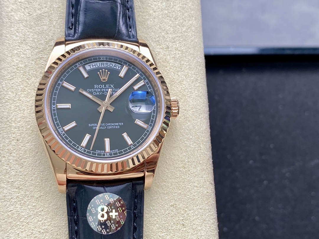 Rolex Day Date 36 Everose Gold Black Dial 118135 0063 Leather Watch