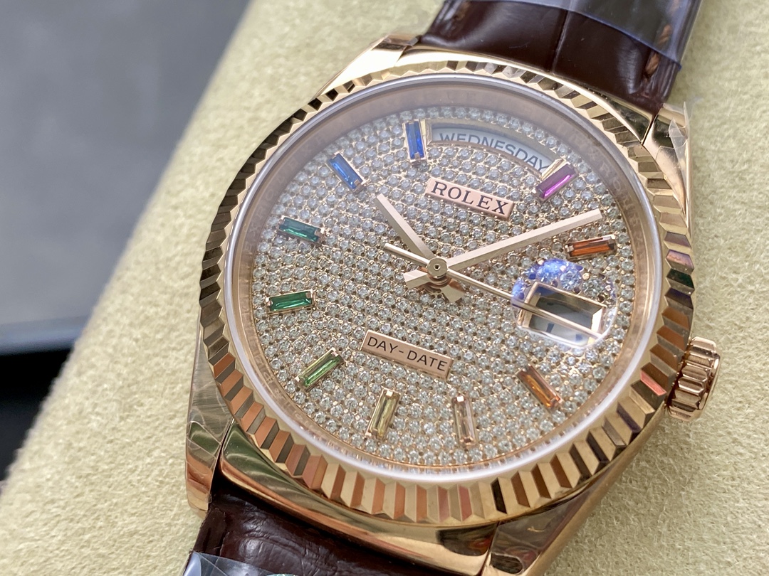 Rolex Day Date 36 Diamond Paved Dial Fluted Bezel 18K Everose gold 128235 0039 President Watch