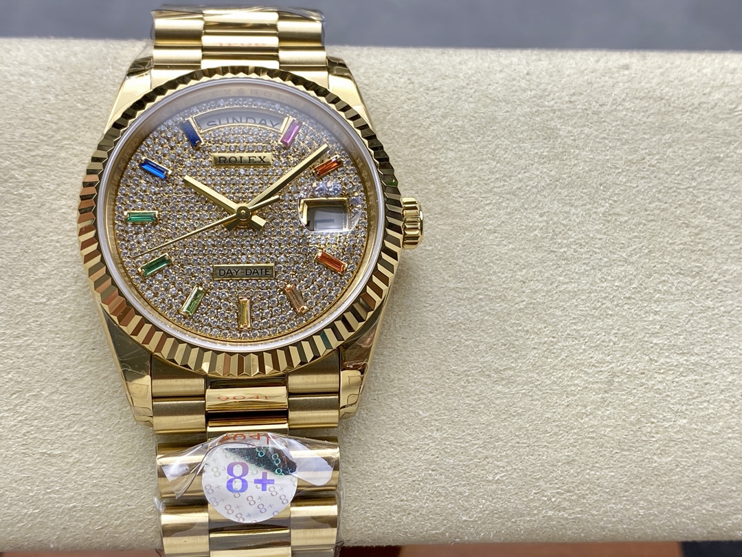 Rolex Day Date 36mm Yellow Gold 128238 0051 Pave Rainbow Diamond Dial Fluted Bezel