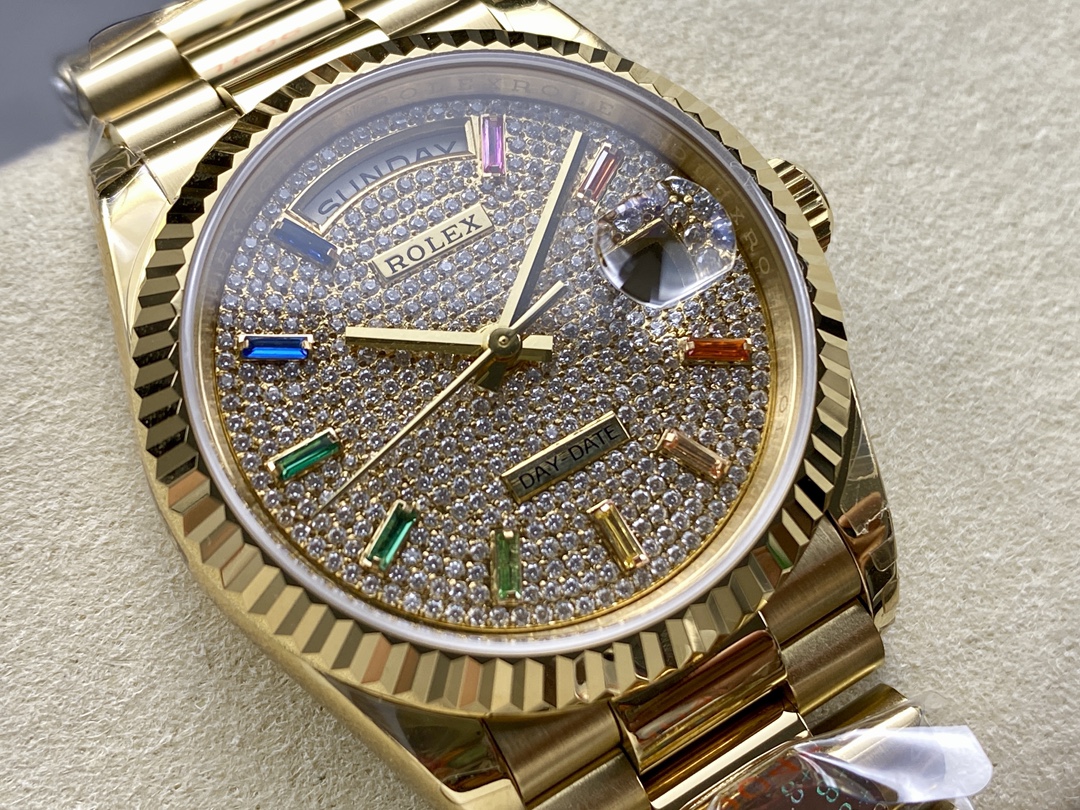 Rolex Day Date 36mm Yellow Gold 128238 0051 Pave Rainbow Diamond Dial Fluted Bezel