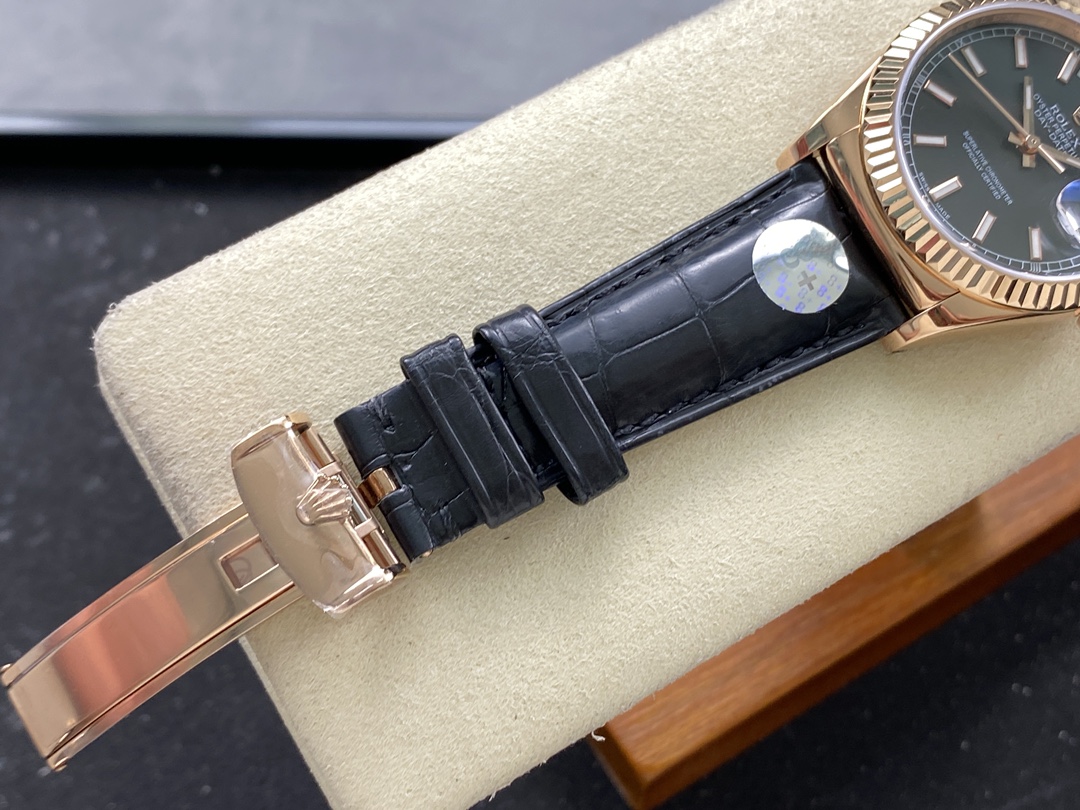 Rolex Day Date 36 Everose Gold Black Dial 118135 0063 Leather Watch