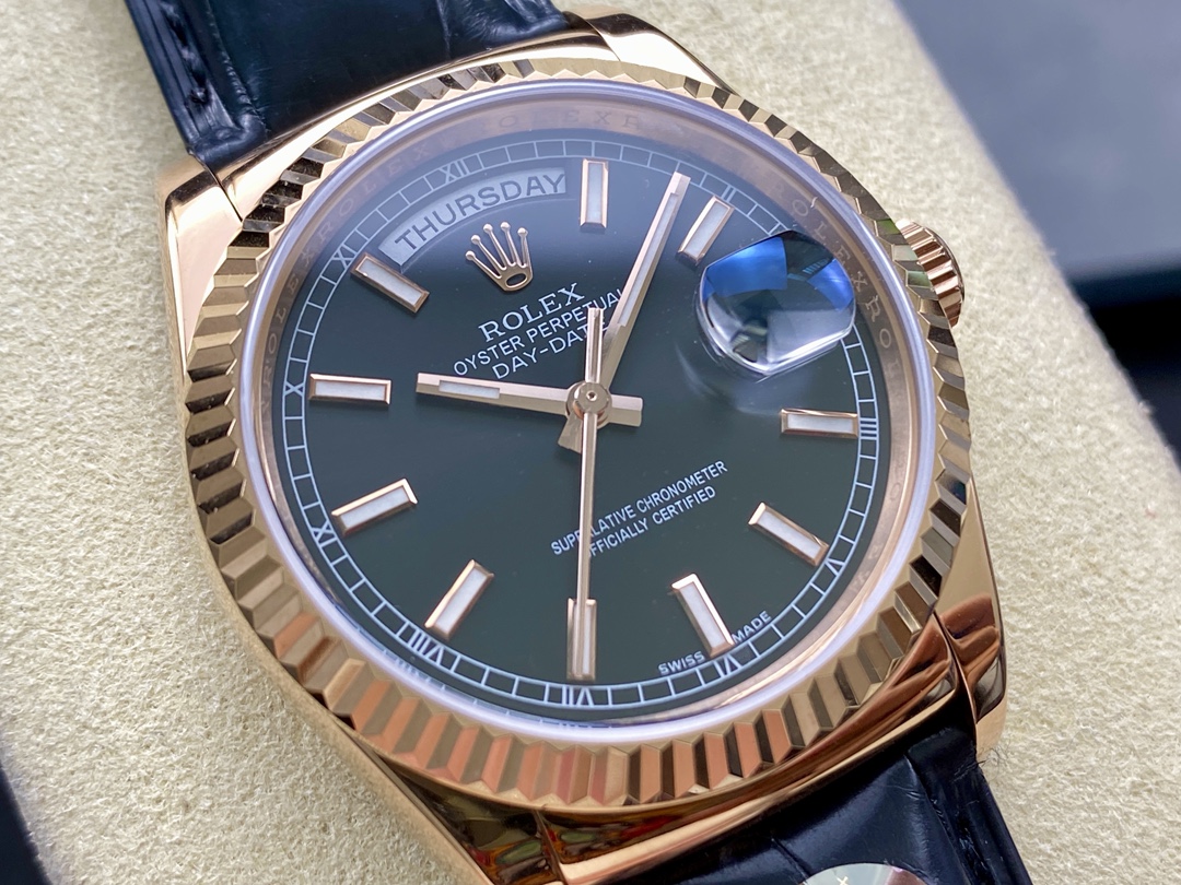 Rolex Day Date 36 Everose Gold Black Dial 118135 0063 Leather Watch