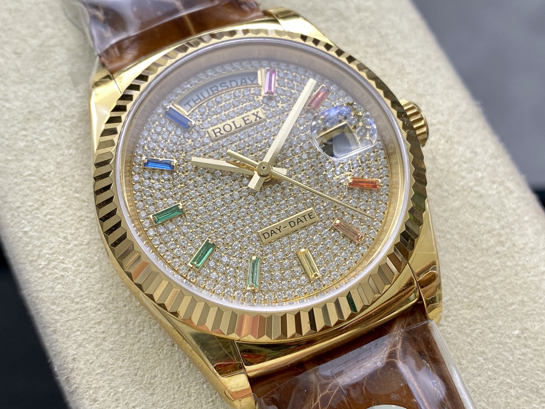 Rolex Day Date 36mm Yellow Gold 128238 0051 Pave Rainbow Diamond Dial Fluted Bezel