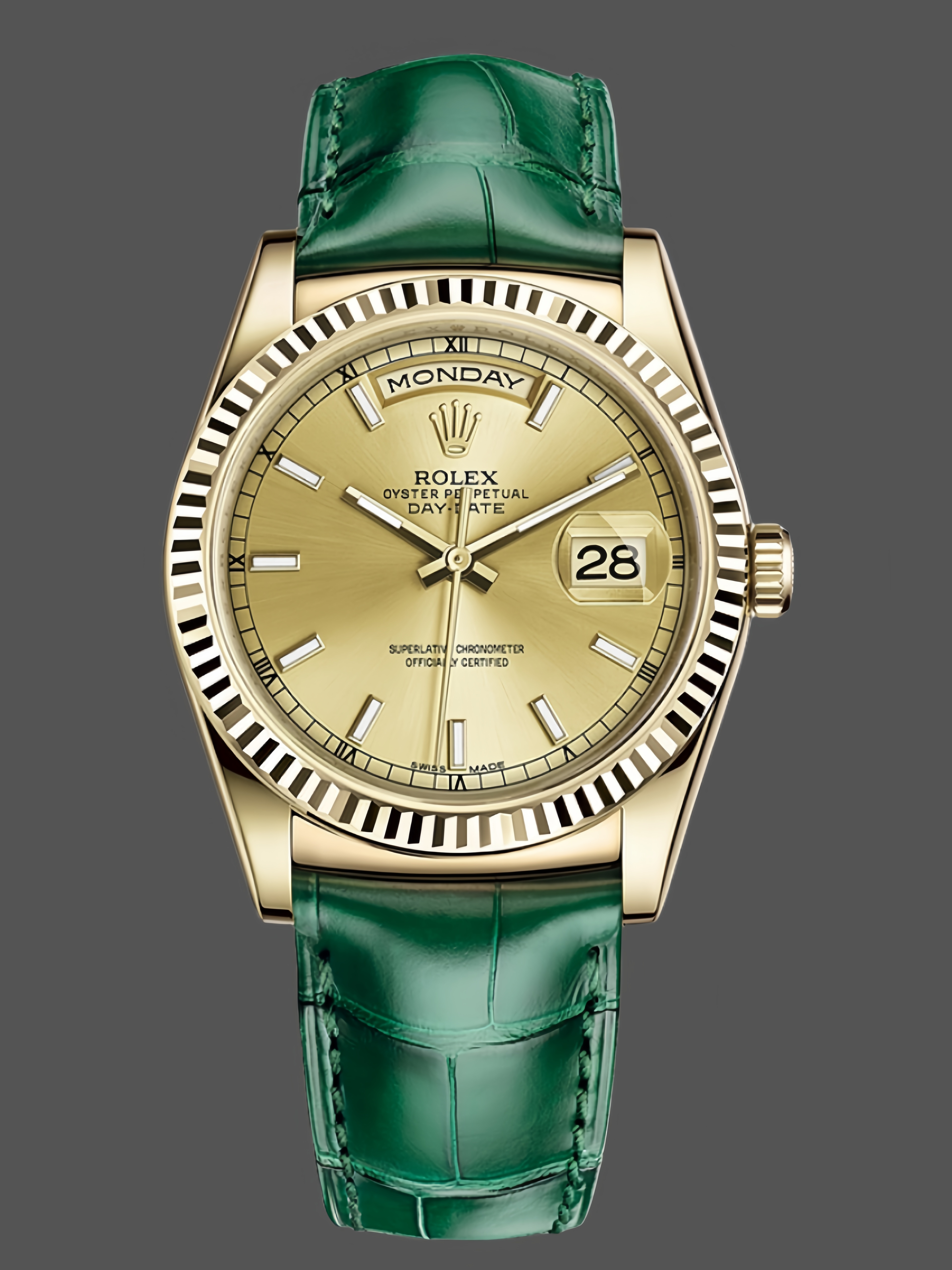 Rolex Day Date 36 Yellow Gold Champagne Dial 118138 0125 Green Strap