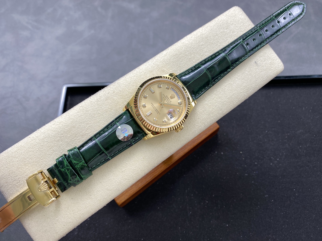Rolex Day Date 36 Yellow Gold Champagne Dial 118138 0148 Green Leather Strap