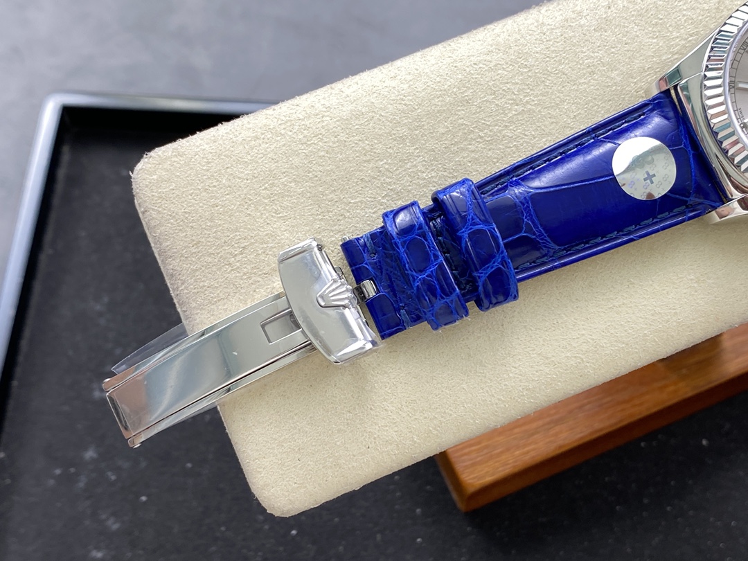 Rolex Day Date 36 White Gold Silver Dial 118139 0097 Blue Leather Strap