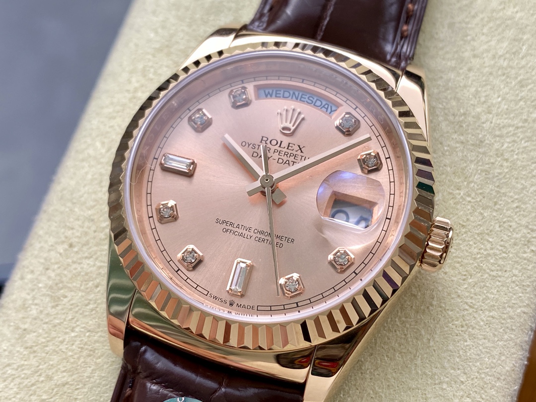 Rolex Day Date 36 Yellow Gold Case 118135 0101 Brown Leather Watch