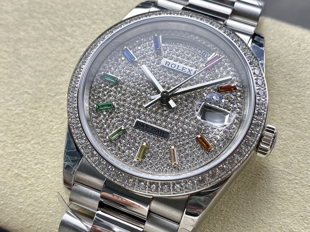 Rolex Day Date 36mm White Gold 128349RBR 0006 Pave Rainbow
