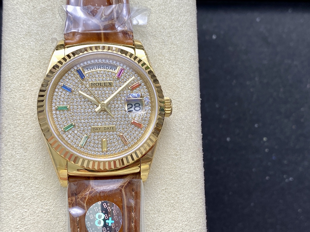 Rolex Day Date 36mm Yellow Gold 128238 0051 Pave Rainbow Diamond Dial Fluted Bezel