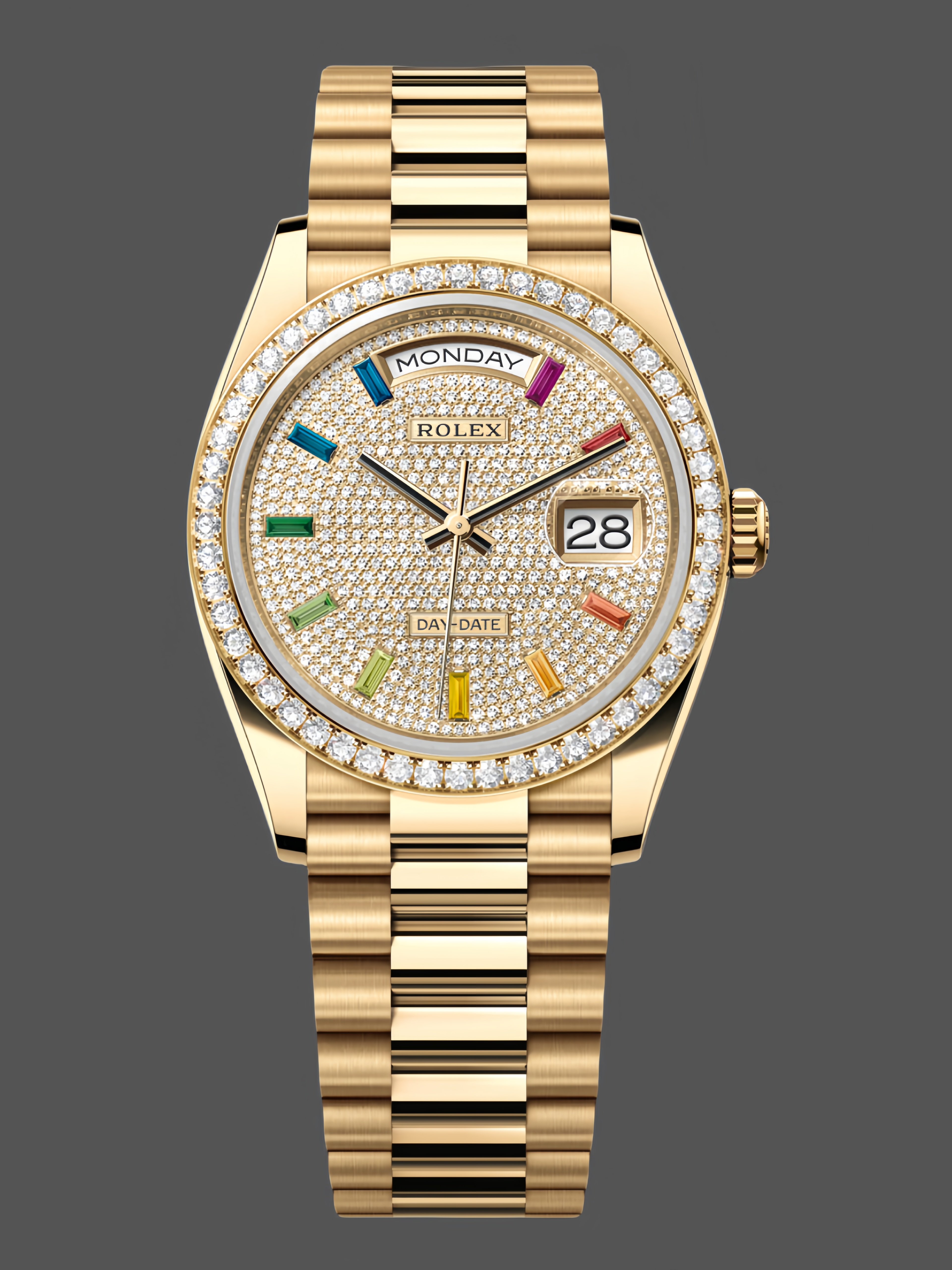 Rolex Day Date 36mm Yellow Gold 128348RBR 0030 Pave Rainbow Diamonds Sapphires Dial