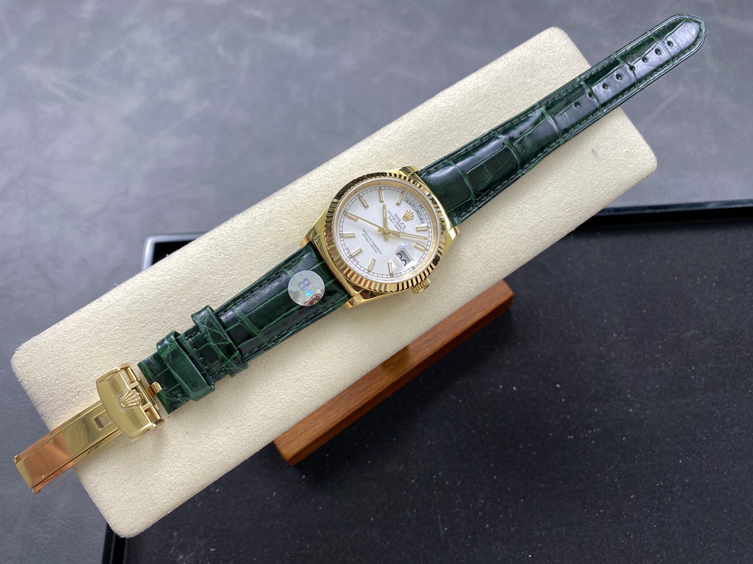Rolex Day Date 36 White Dial 118135 0123 Green Leather Watch