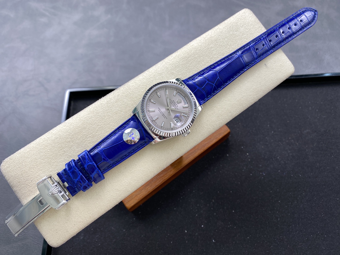 Rolex Day Date 36 White Gold Silver Dial 118139 0097 Blue Leather Strap