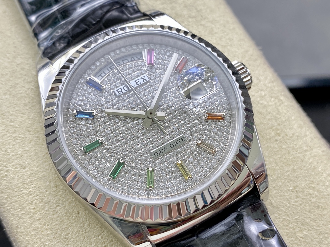 Rolex Day Date 36mm White Gold 128349RBR 0006 Pave Rainbow