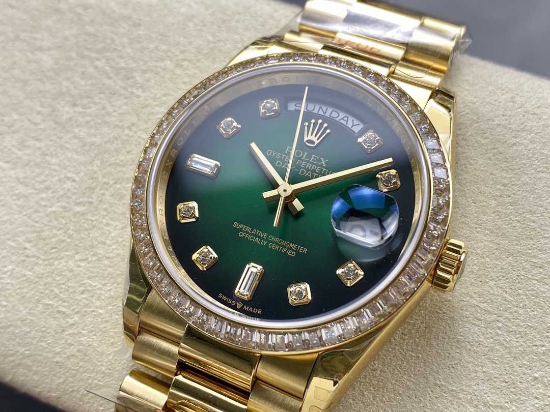 Rolex Day-Date 128348RBR Green Ombre Diamond Dial Yellow Gold 36MM Unisex Replica Watch