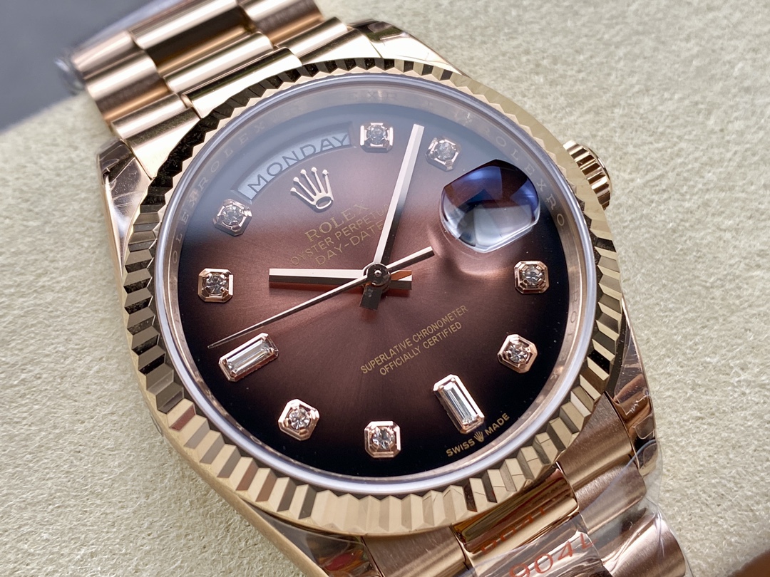 Rolex Day-Date 128235 Everose Gold Brown Ombre Diamond Dial 36MM Unisex Replica Watch