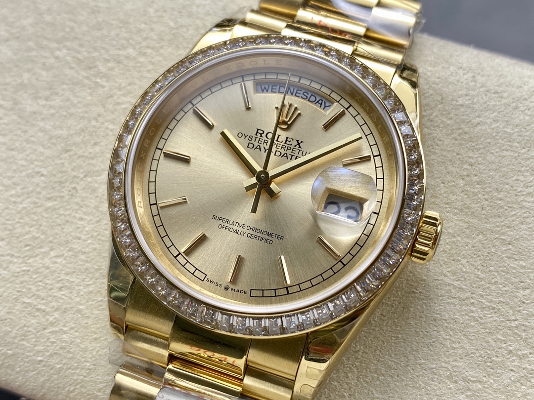 Rolex Day Date 36 Yellow Gold Champagne Dial Diamond Bezel m128348rbr 0026