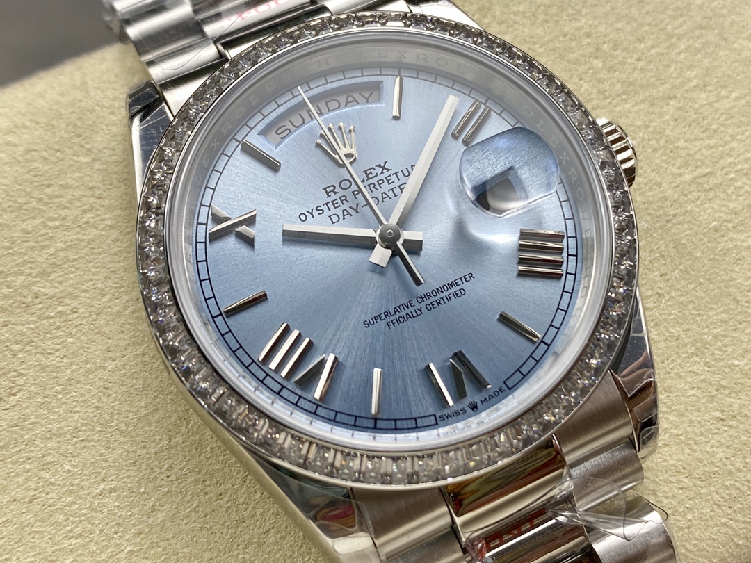 Rolex Day-Date 228396TBR 0030 Ice Blue Dial Platinum Diamond Bezel 40mm Mens Replica Watch