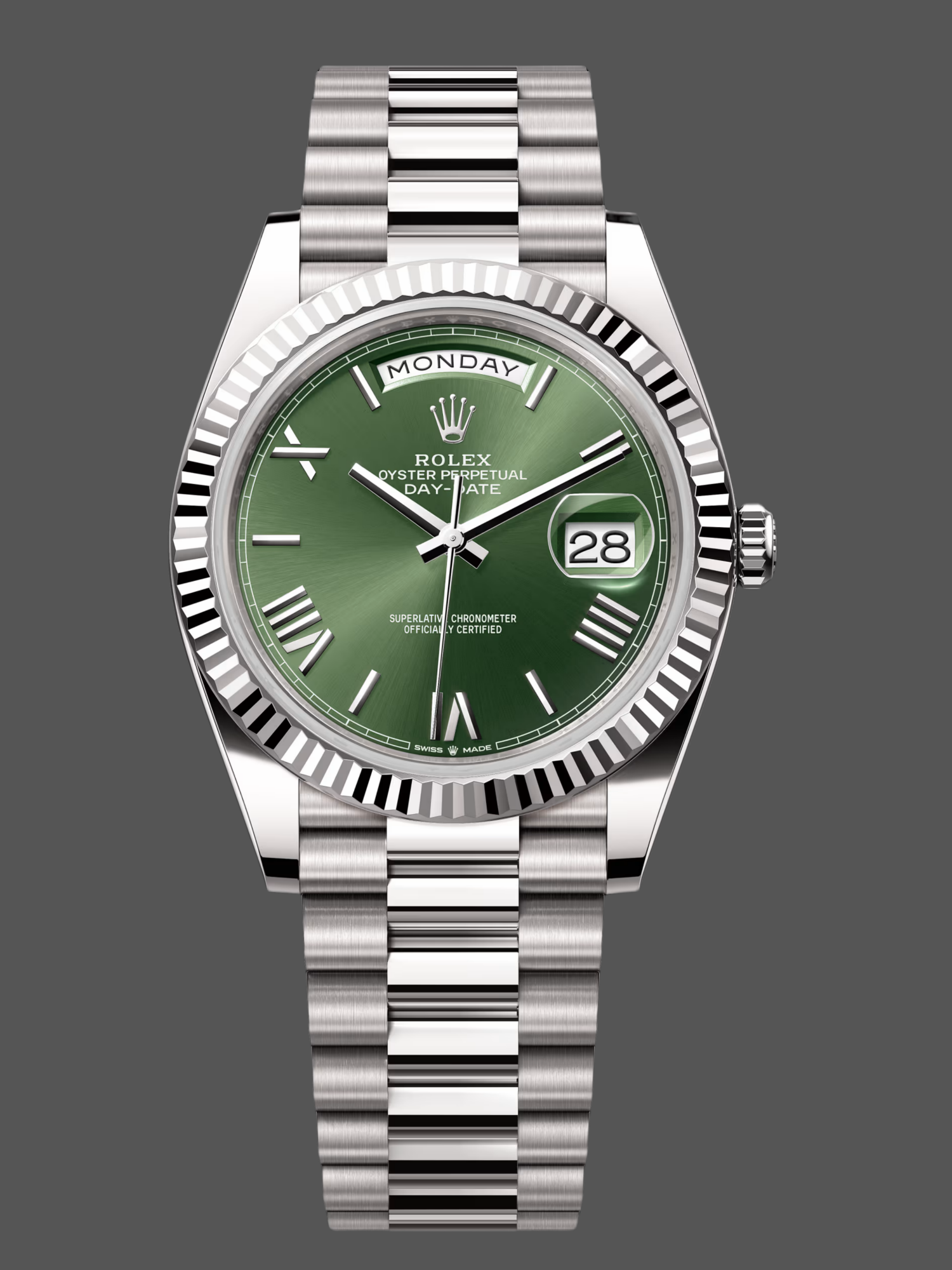 Rolex Day-Date 228239 Green Roman Dial Fluted Bezel 40mm Mens Replica Watch