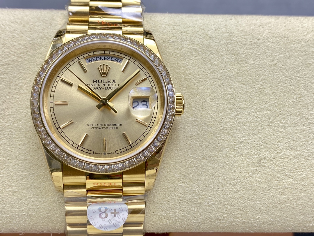Rolex Day Date 36 Yellow Gold Champagne Dial Diamond Bezel m128348rbr 0026