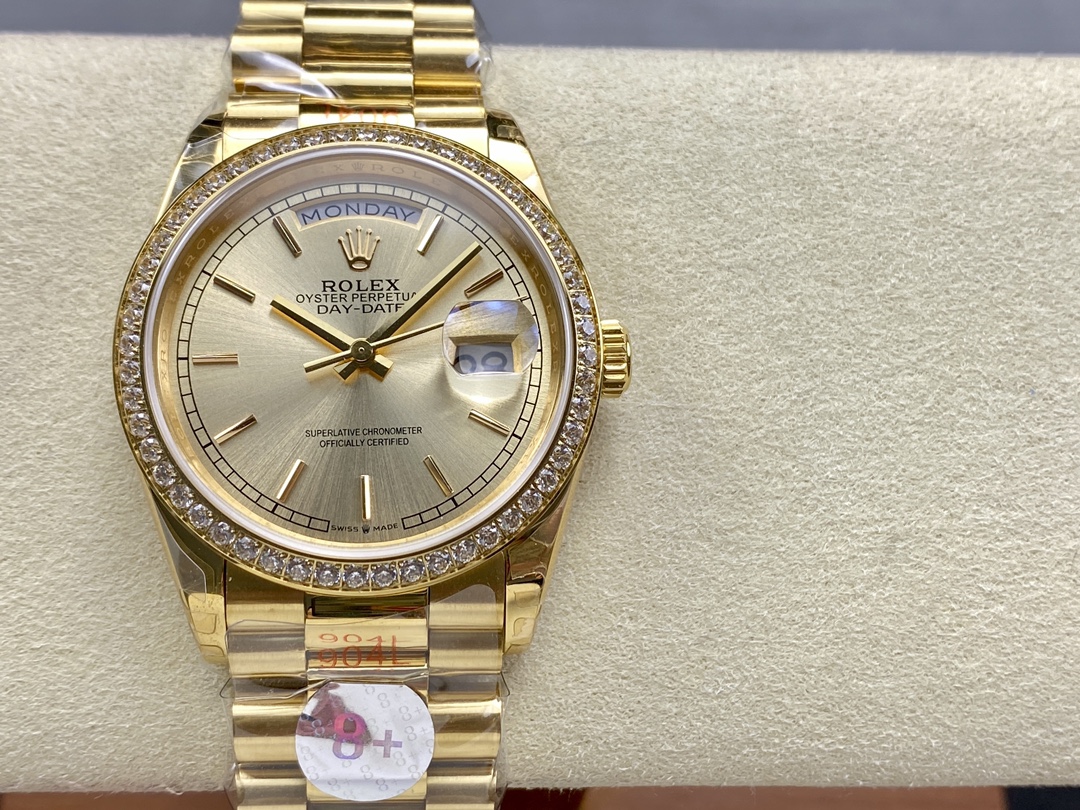 Rolex Day-Date 128348RBR Champagne Index Dial Yellow Gold 36MM Unisex Replica Watch