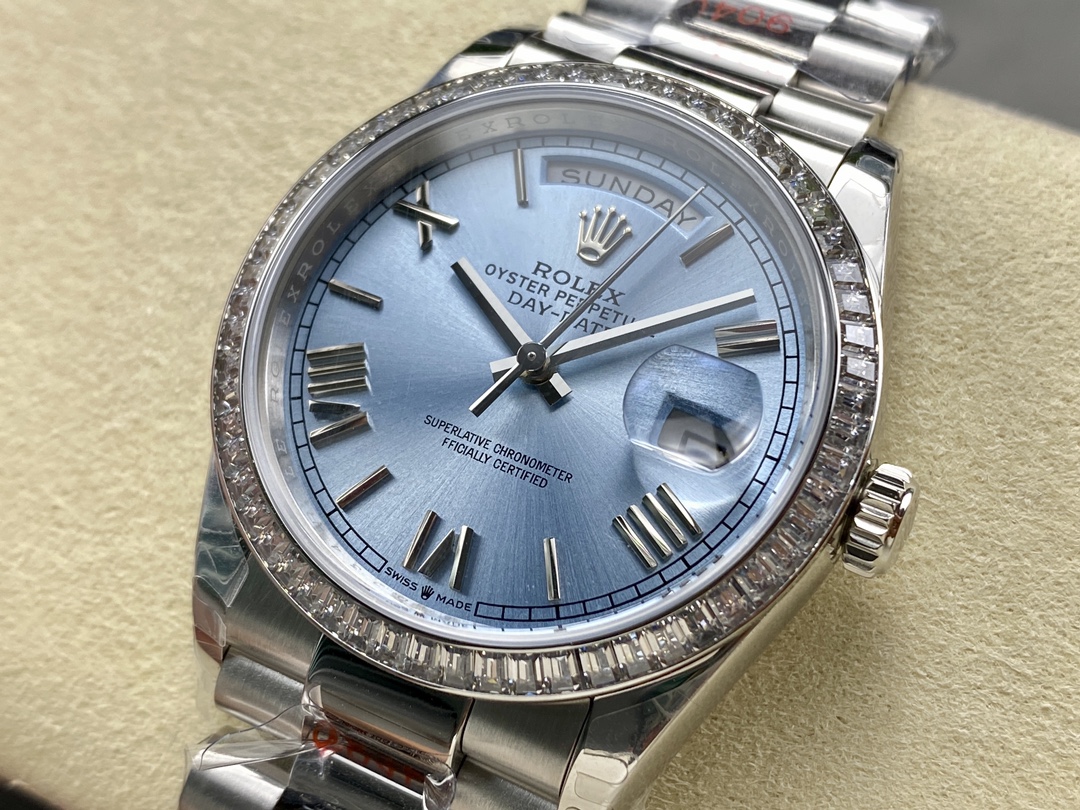 Rolex Day-Date 228396TBR 0030 Ice Blue Dial Platinum Diamond Bezel 40mm Mens Replica Watch