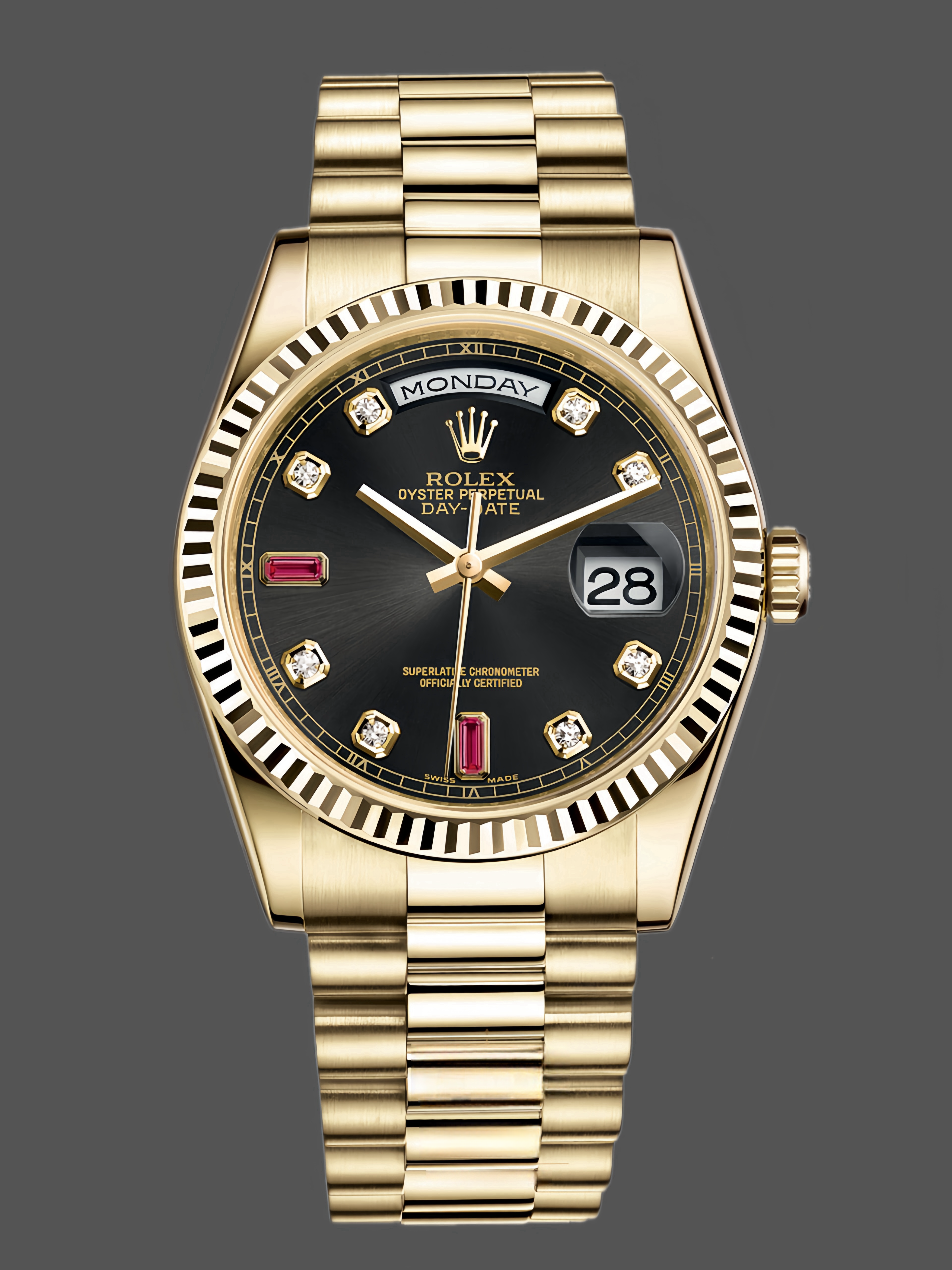 Rolex Day Date 118238 Black Diamond Dial Fluted Bezel 36mm Mens Replica Watch