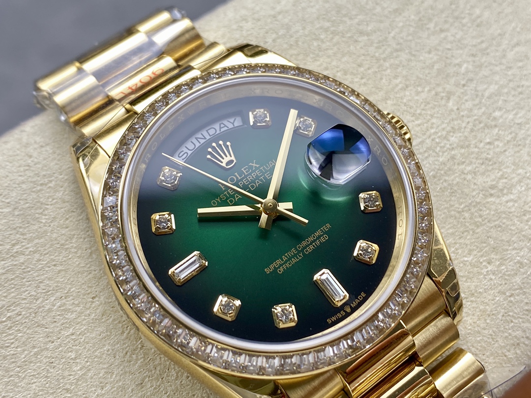 Rolex Day-Date 128348RBR Green Ombre Diamond Dial Yellow Gold 36MM Unisex Replica Watch