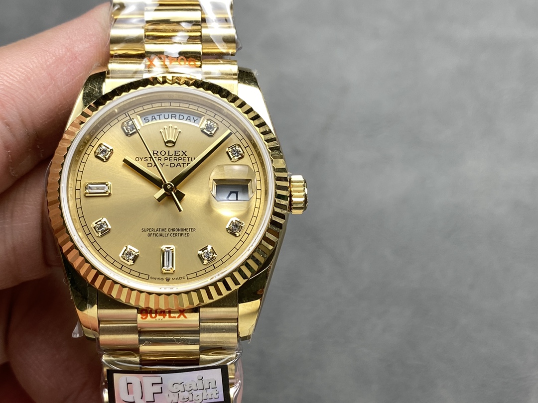 Rolex Day-Date 128238 0008 Fluted Bezel Champagne Diamond Dial 36MM Unisex Replica Watch