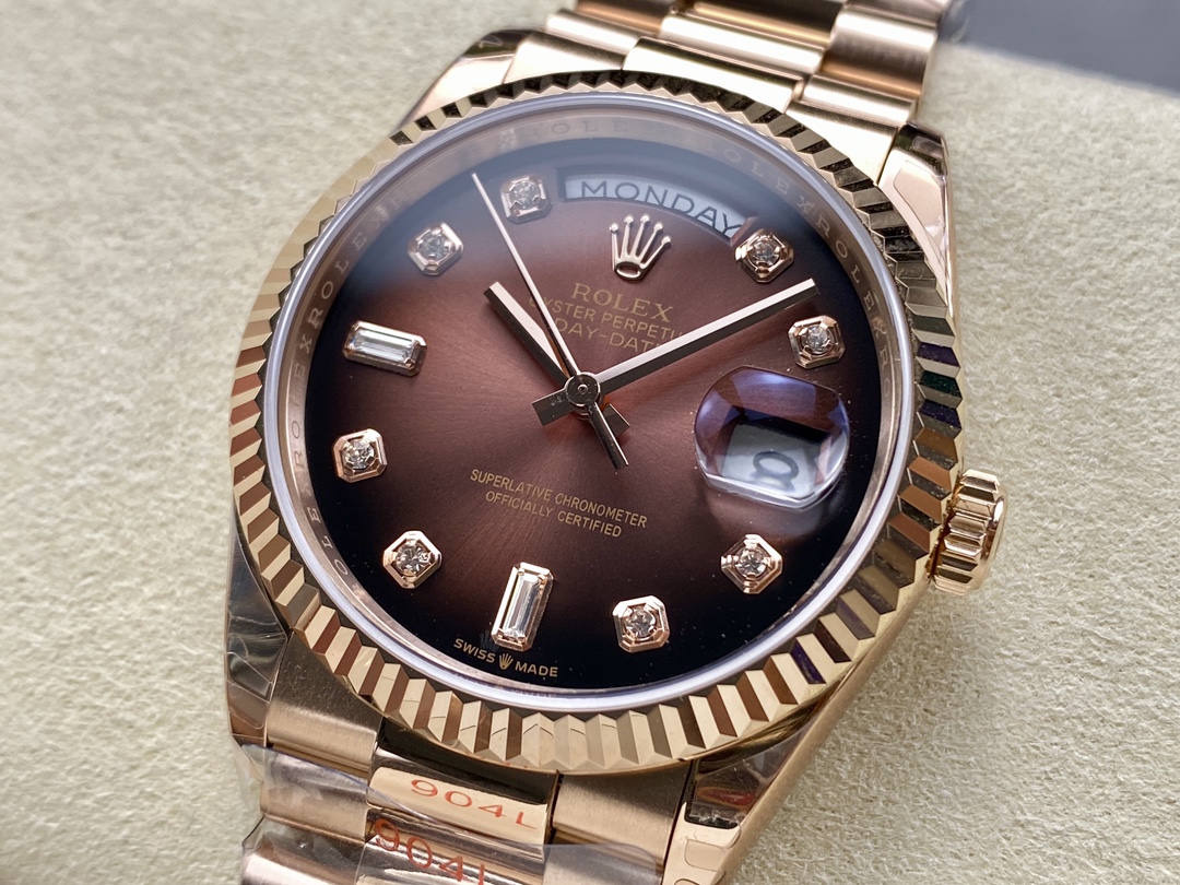 Rolex Day-Date 128235 Everose Gold Brown Ombre Diamond Dial 36MM Unisex Replica Watch