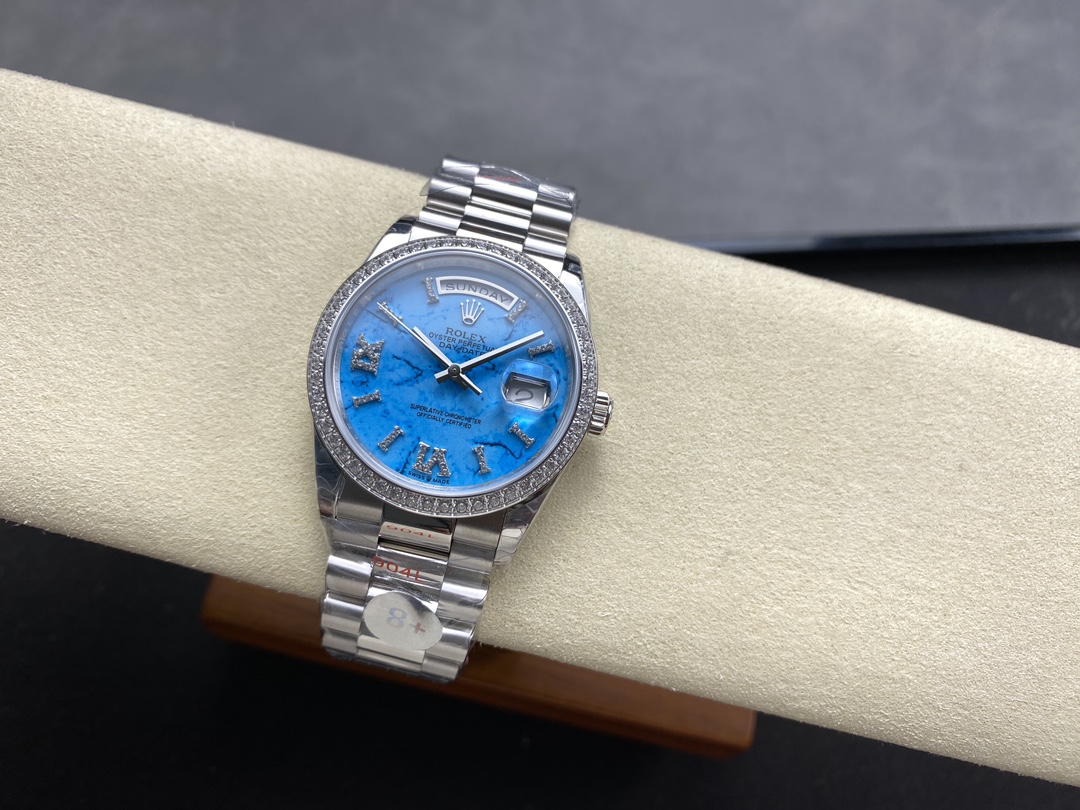 Rolex Day Date 36 Platinum Turquoise Diamond-Set Roman Dial Diamond Bezel m128396tbr 0016