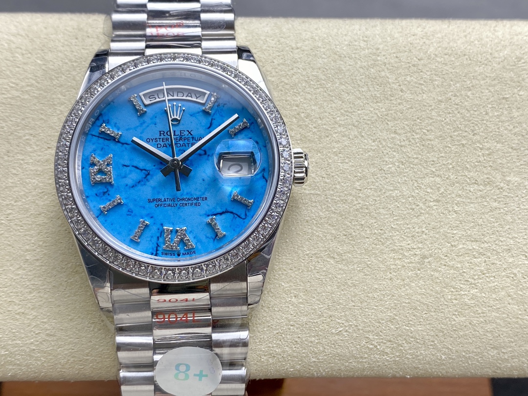 Rolex Day Date 36 Platinum Turquoise Diamond-Set Roman Dial Diamond Bezel m128396tbr 0016