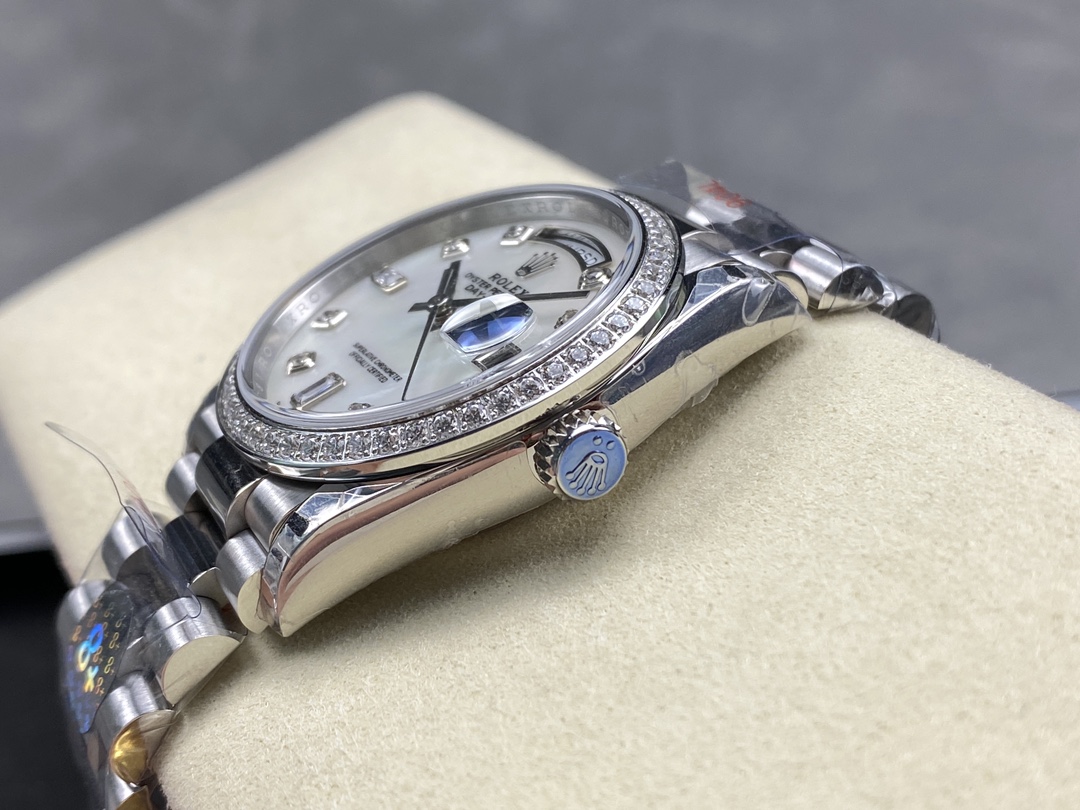 Rolex Day Date 36 Mother of Pearl Dial Diamond Bezel Platinum President m128396tbr 0005