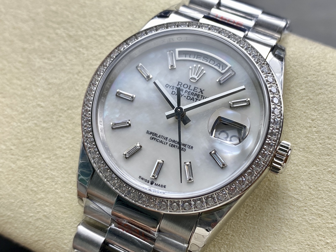 Rolex Day Date 36 MOP Dial Diamond Bezel Platinum m128396tbr 0022