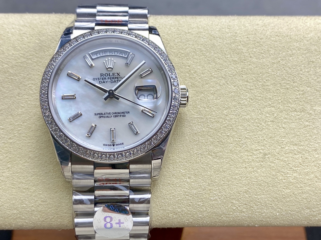Rolex Day Date 36 MOP Dial Diamond Bezel Platinum m128396tbr 0022