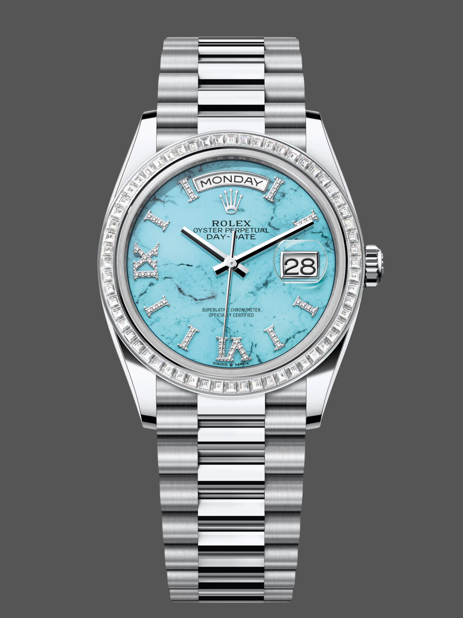 Rolex Day Date 36 Platinum Turquoise Diamond-Set Roman Dial Diamond Bezel m128396tbr 0016