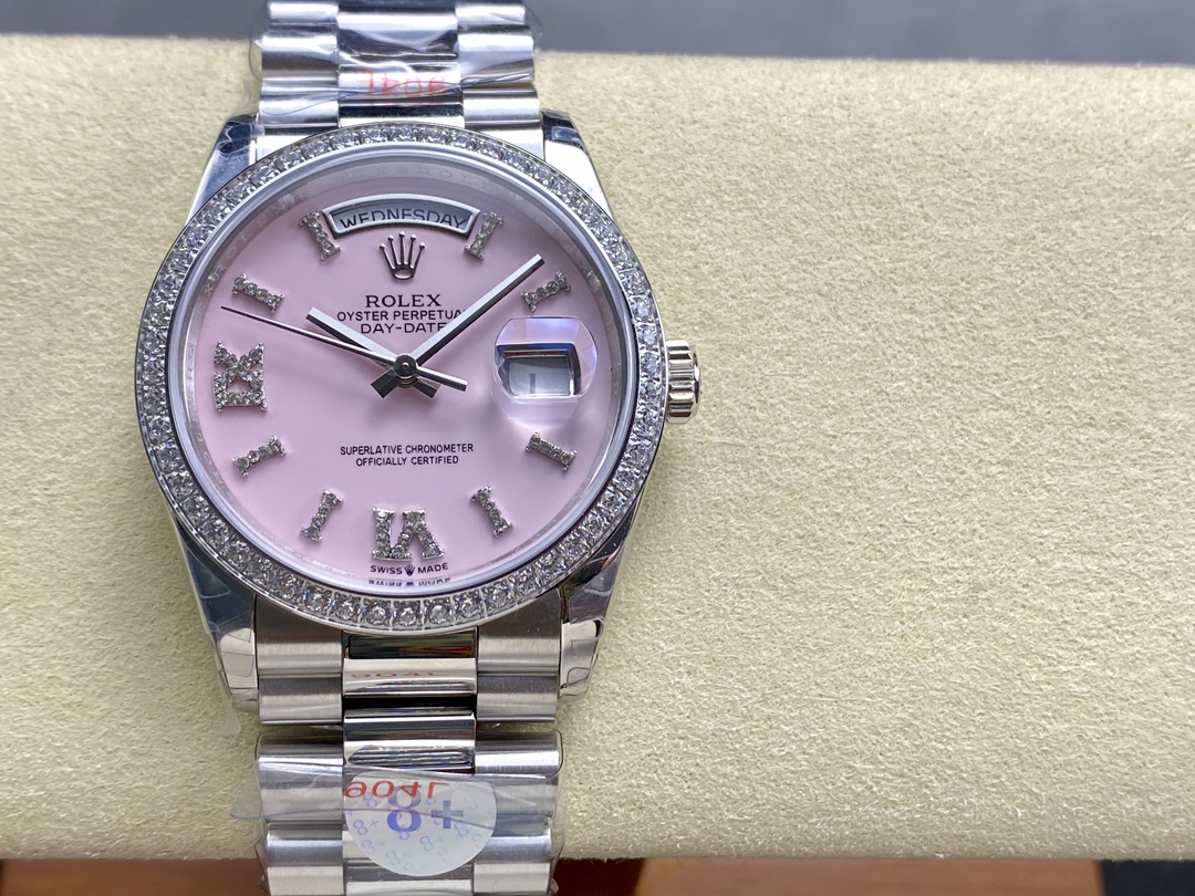 Rolex Day Date 36 Platinum Pink Opal Diamond-Set Roman Dial Diamond Bezel m128396tbr 0009