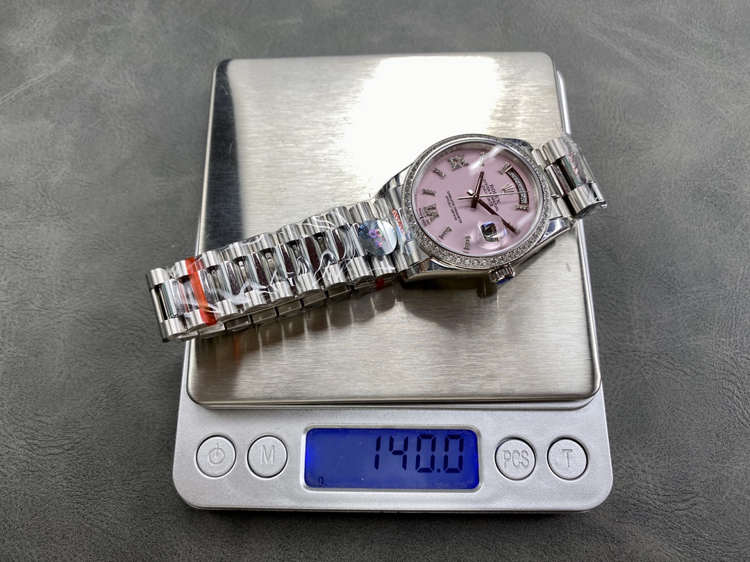 Rolex Day Date 36 Platinum Pink Opal Diamond-Set Roman Dial Diamond Bezel m128396tbr 0009