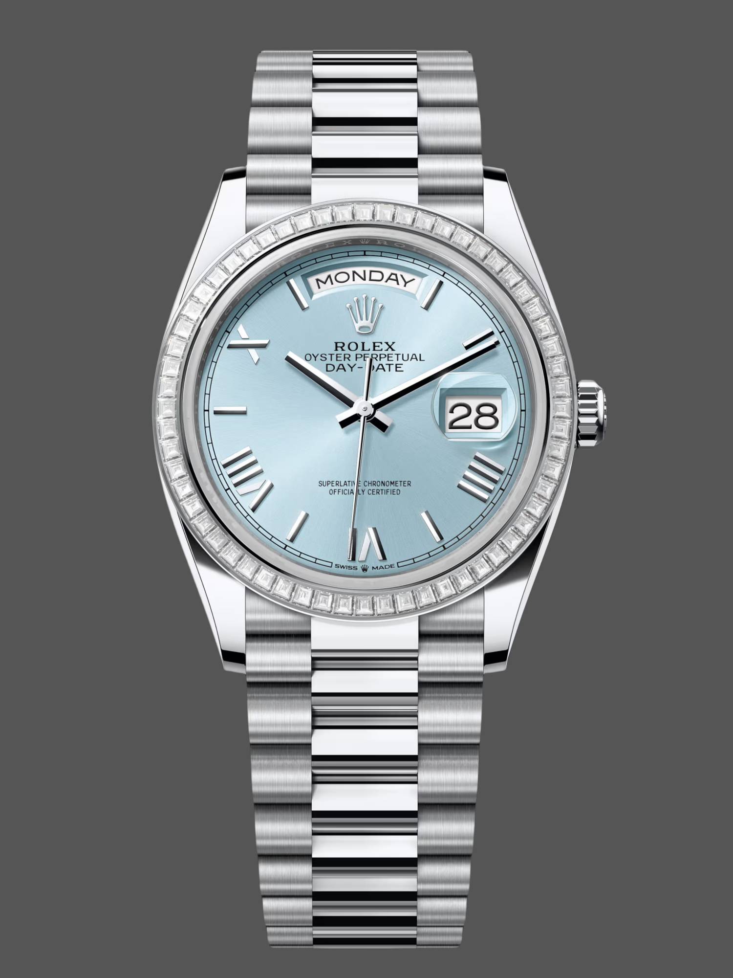 Rolex Day Date 36 Diamond Bezel Ice Blue Roman Dial m128396tbr 0019