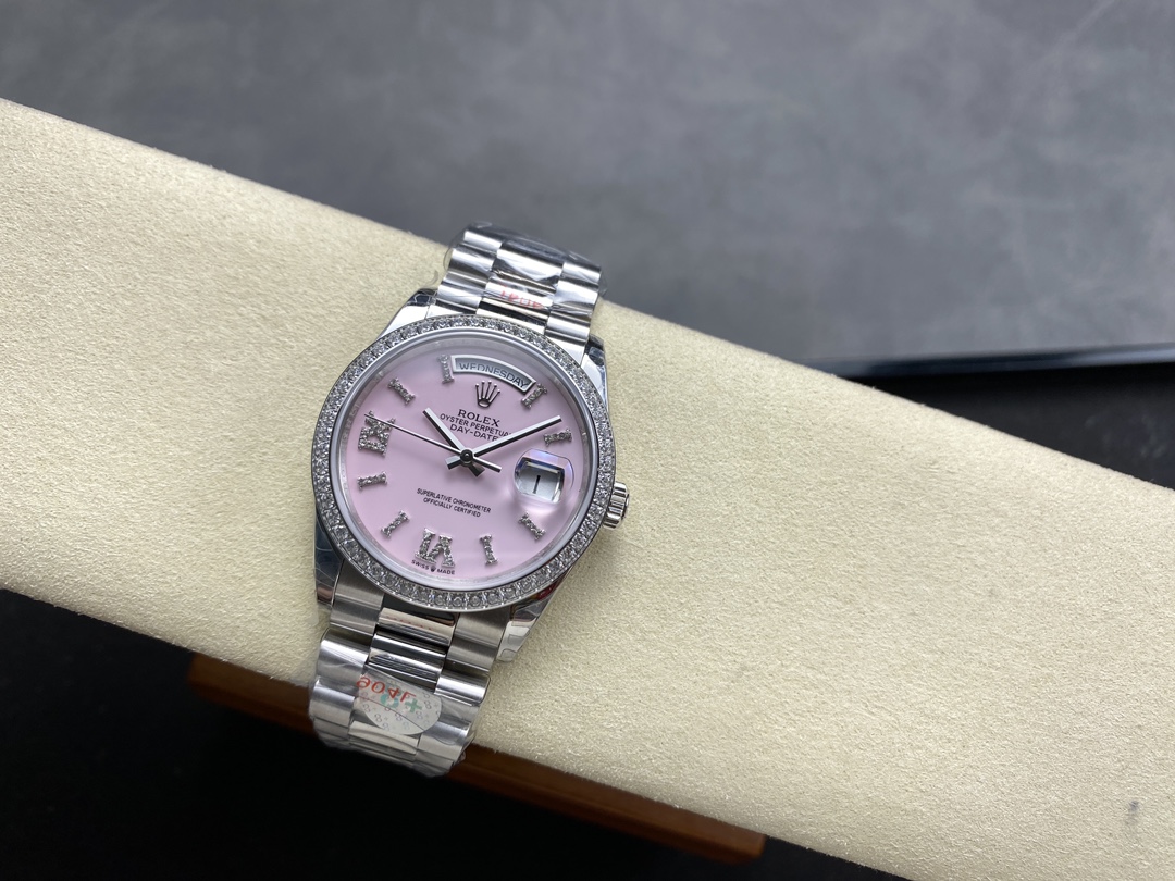 Rolex Day Date 36 Platinum Pink Opal Diamond-Set Roman Dial Diamond Bezel m128396tbr 0009