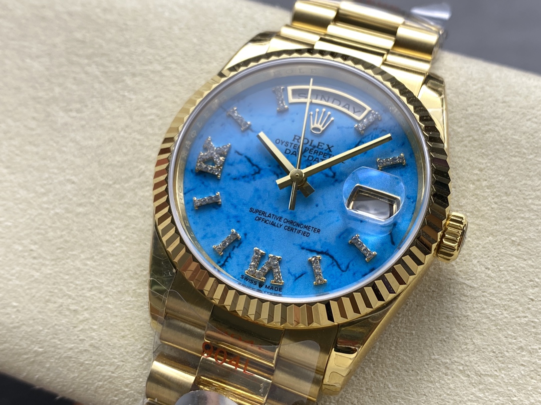 Rolex Day-Date 128238 Fluted Bezel Turquoise Diamond Dial 36MM Unisex Replica Watch