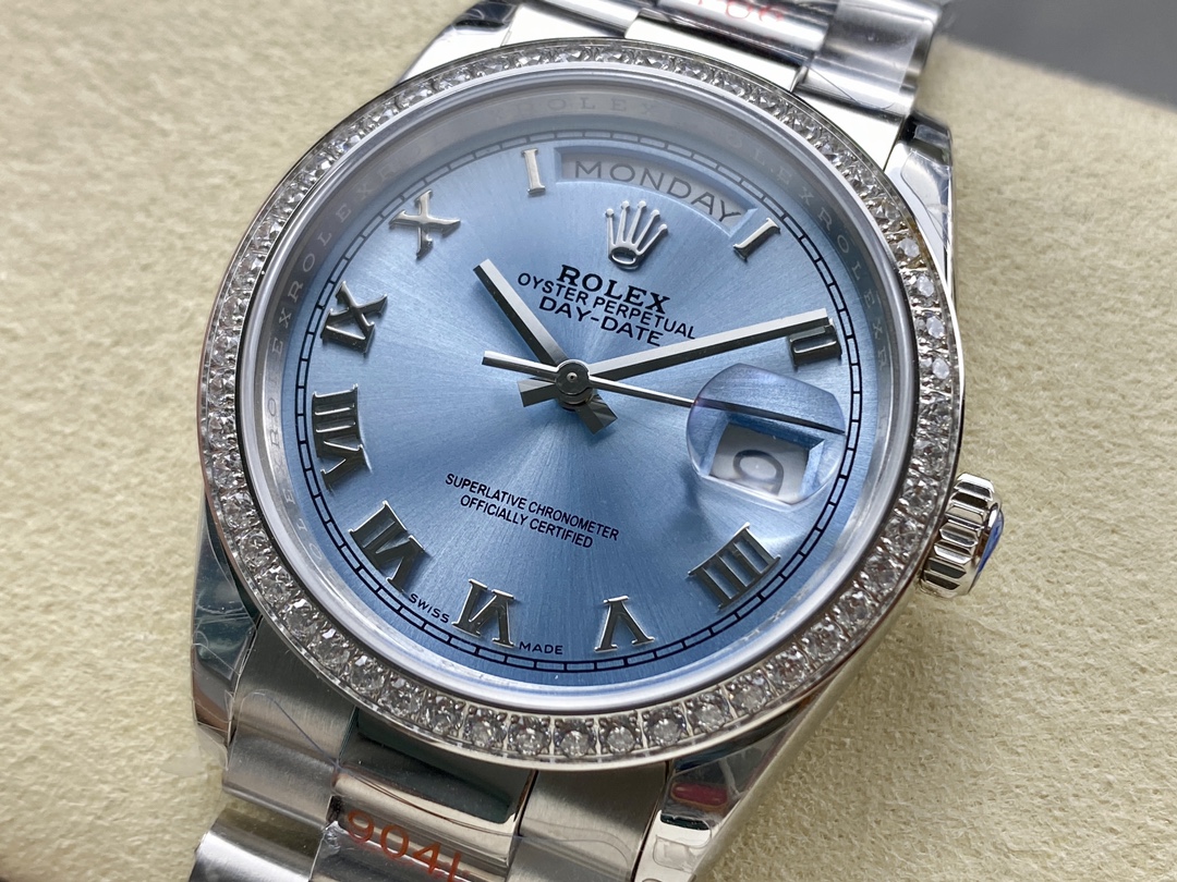 Rolex Day Date 36 Diamond Bezel Ice Blue Roman Dial m128396tbr 0019