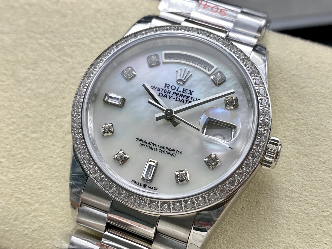 Rolex Day Date 36 Mother of Pearl Dial Diamond Bezel Platinum President m128396tbr 0005