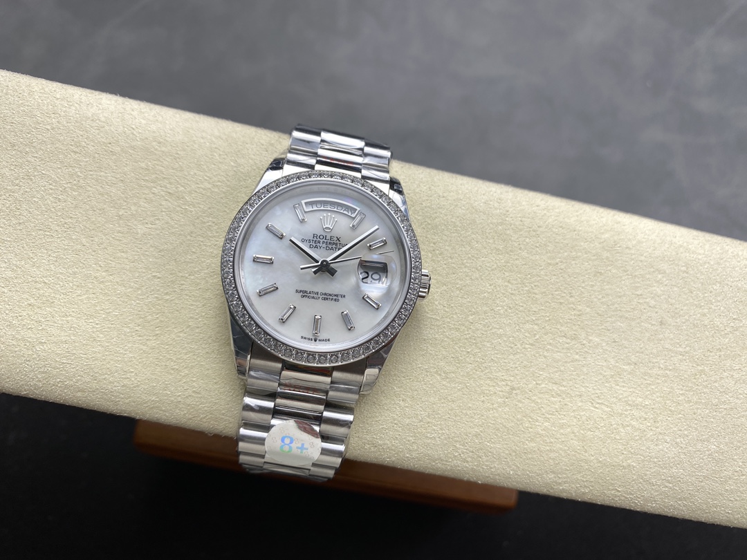 Rolex Day Date 36 MOP Dial Diamond Bezel Platinum m128396tbr 0022