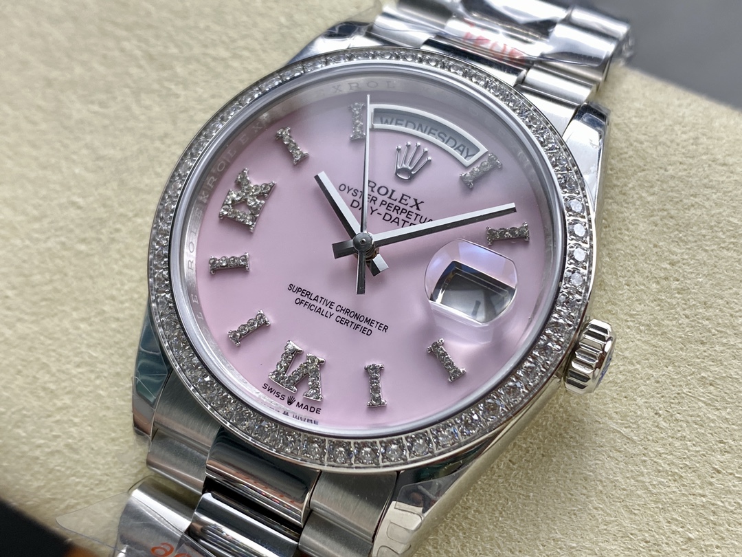 Rolex Day Date 36 Platinum Pink Opal Diamond-Set Roman Dial Diamond Bezel m128396tbr 0009