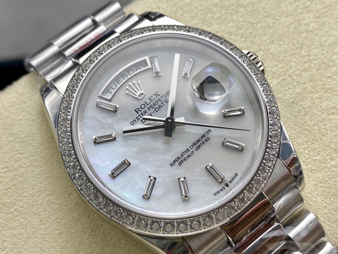 Rolex Day Date 36 MOP Dial Diamond Bezel Platinum m128396tbr 0022