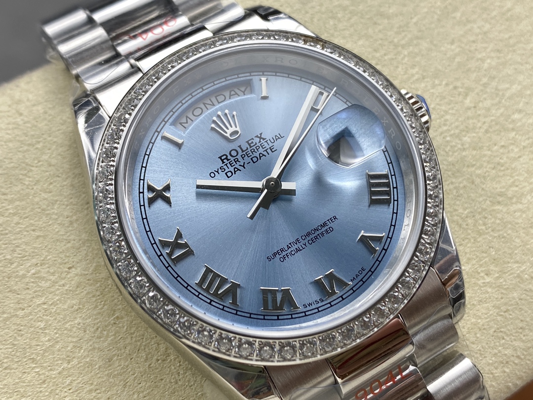 Rolex Day Date 36 Diamond Bezel Ice Blue Roman Dial m128396tbr 0019