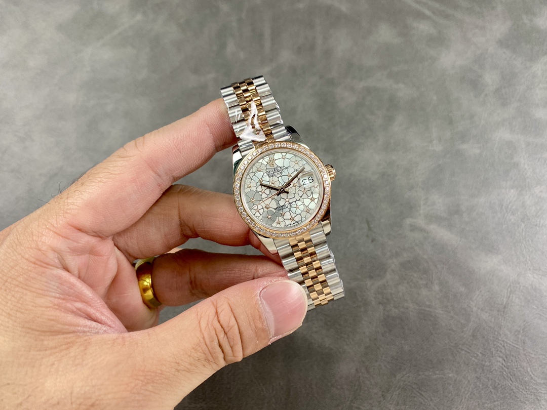 Rolex Datejust 31 Rose Gold Silver Floral Motif Diamond Dial Diamond Bezel m278381rbr 0032